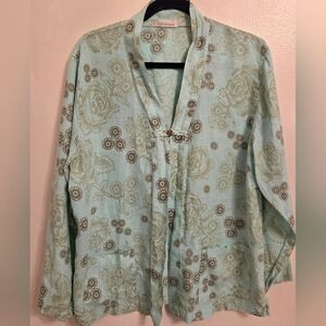 Cut Loose Linen Asian Inspired Floral Jacket Top Mint Brown Boho Large